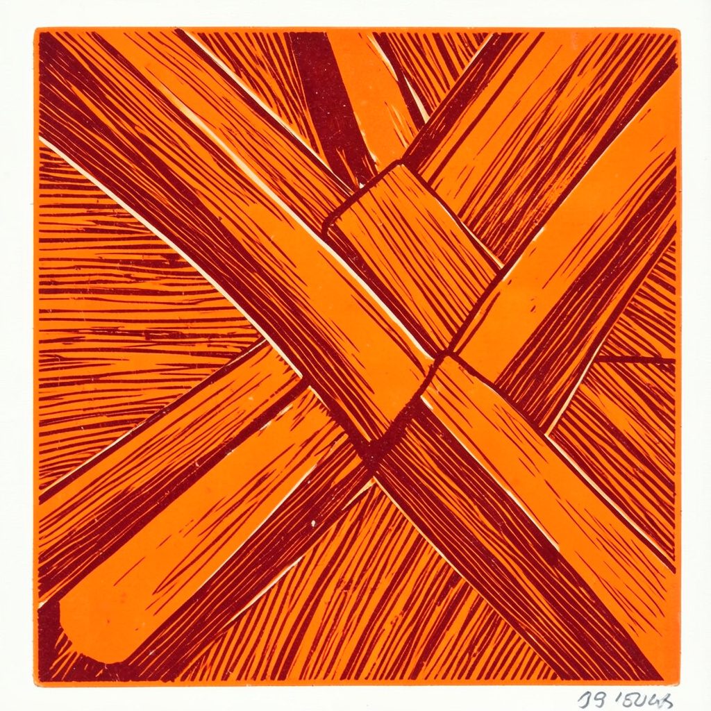 Linocut relief print of intersecting diagonal lines in warm orange and deep blue, evoking an energetic, technical mood.