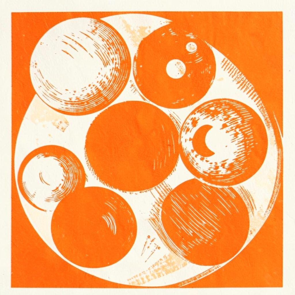 Carved linocut relief print of overlapping circles and spheres in deep blue and orange, evoking geometry and code modules, mood calm and structured.