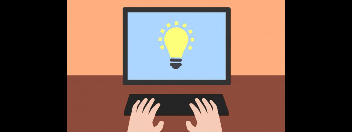 Il·lustració plana amb mans teclejant davant d'un monitor amb una bombeta brillant, en tons càlids taronges i blaus suaus, transmetent creativitat i comunitat.