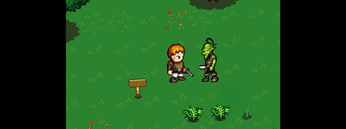 Escena pixel art d'un personatge pèl-roig davant d'una criatura goblin verda en un prat, amb un cartell de fusta i flors al fons, paleta càlida de verds i terrossos amb tons de roig